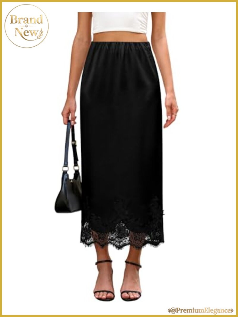 Women Satin Maxi Skirt High Waist Elegant Lace Trim A-Line Long Skirt